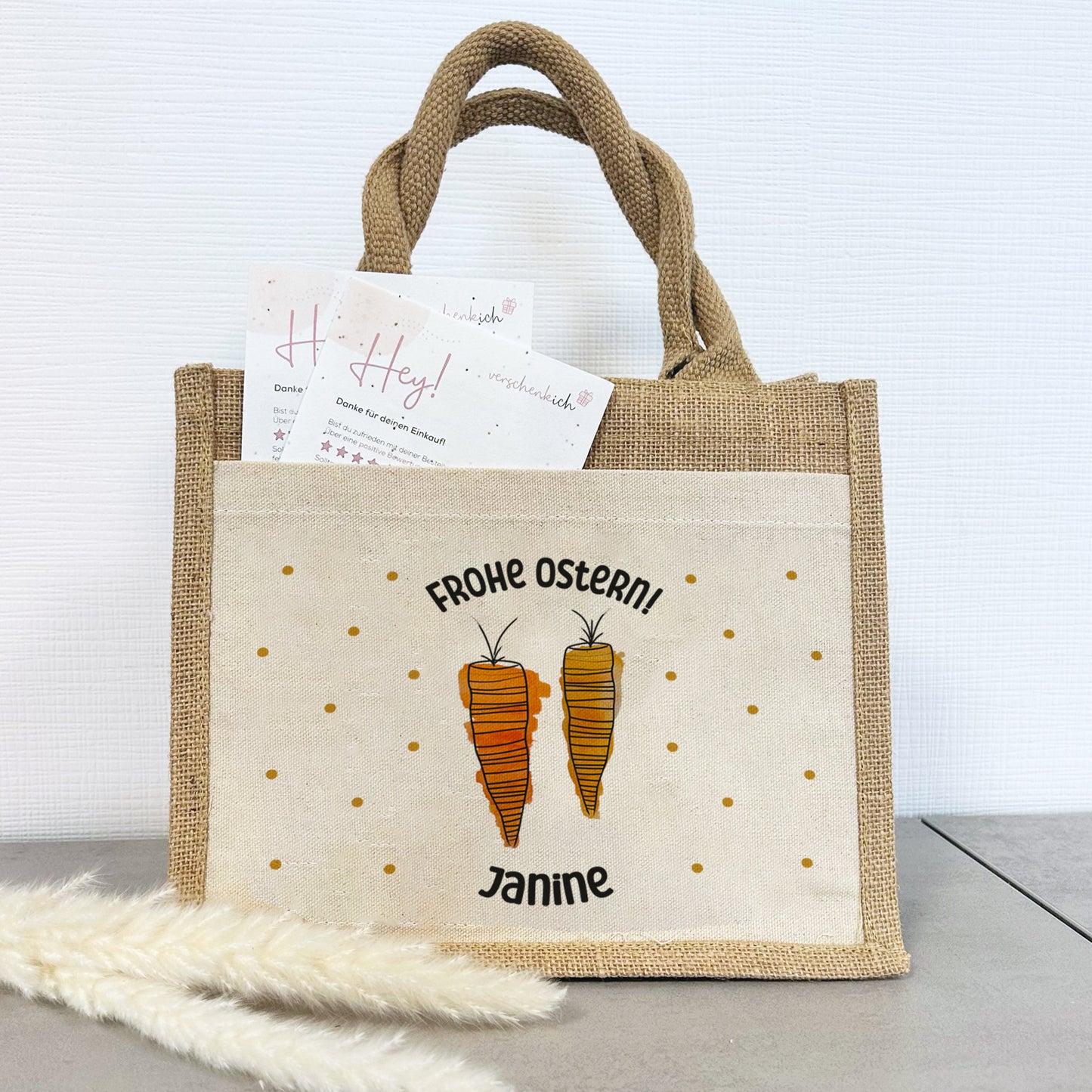 Jute Pocket Tasche mit Namen | Frohe Ostern Karotten