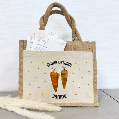 Jute Pocket Tasche mit Namen | Frohe Ostern Karotten