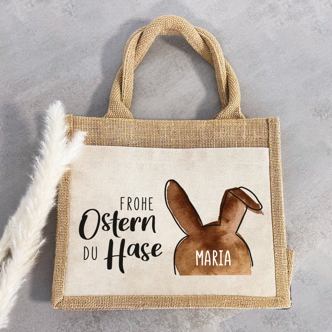 Jute Pocket Tasche mit Namen | Frohe Ostern du Hase 01