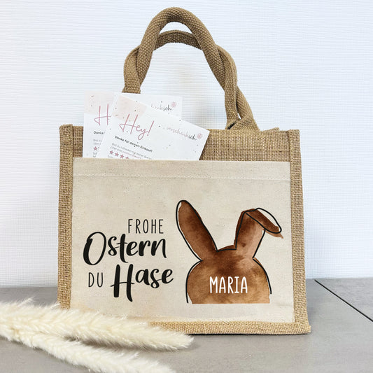 Jute Pocket Tasche mit Namen | Frohe Ostern du Hase 01