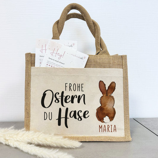 Jute Pocket Tasche mit Namen | Frohe Ostern du Hase 02