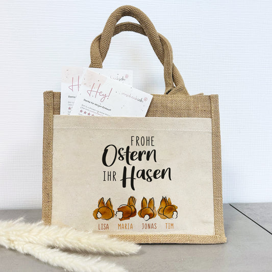Jute Pocket Tasche mit Namen | Frohe Ostern ihr Hasen