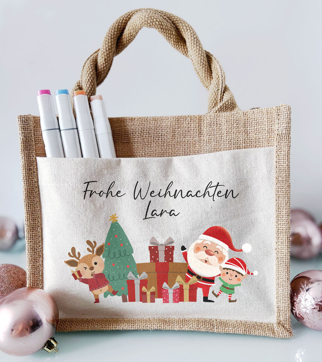 Personalisierte Jute Pocket Tasche | mit Wunschnamen | Frohe Weihnachten | Geschenktasche für Weihnachten