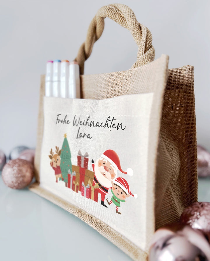 Personalisierte Jute Pocket Tasche | mit Wunschnamen | Frohe Weihnachten | Geschenktasche für Weihnachten