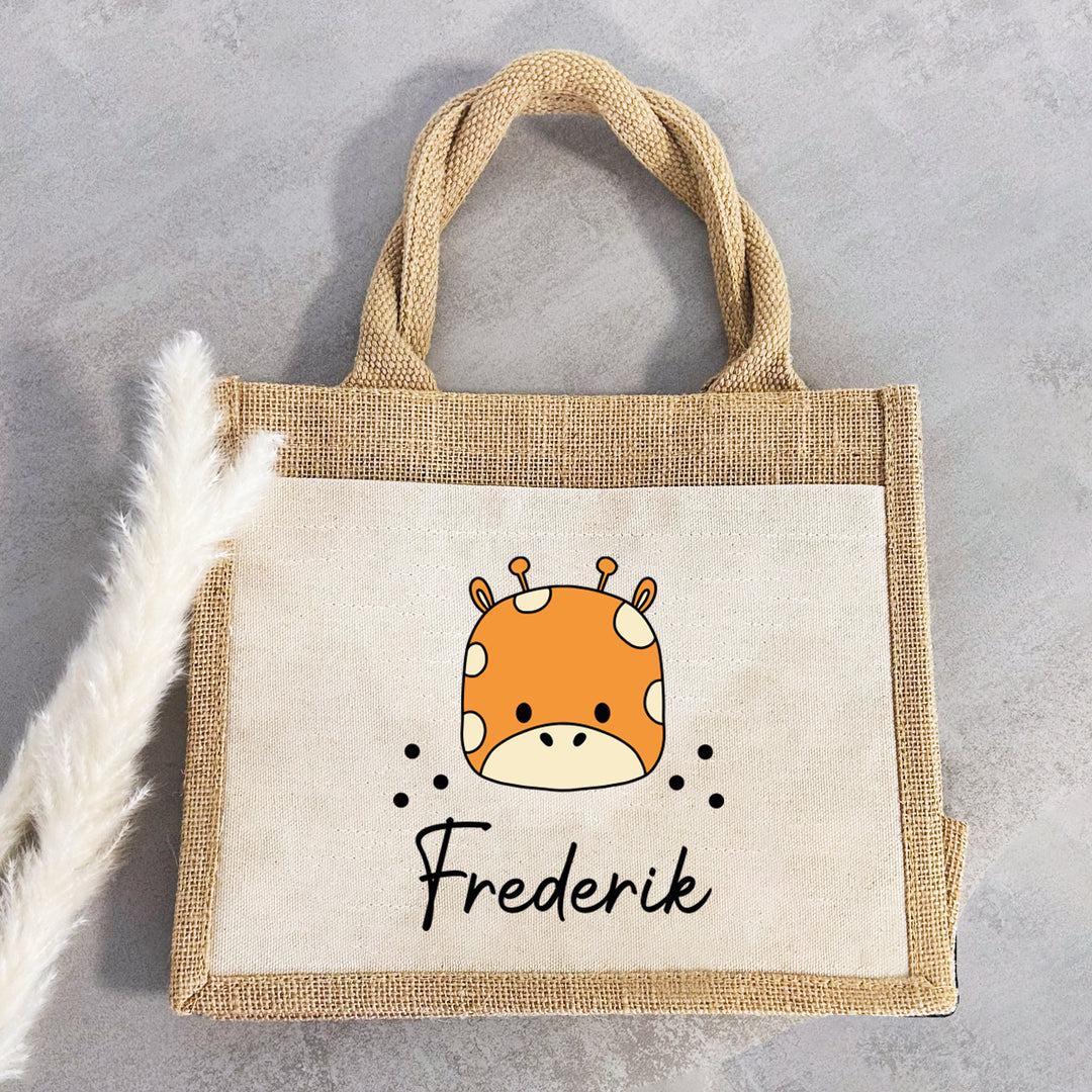 Personalisierte Jute Pocket Tasche | mit Wunschnamen | Tiere | Giraffe | persönliches Geschenk für Kinder | auch als Geschenktasche