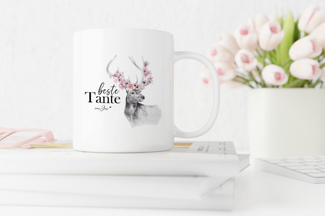 Personalisierte Tasse | mit Wunschnamen | beste Tante | Hirsch | Geschenk mit Name, Widmung oder Spruch für deine liebste Tante