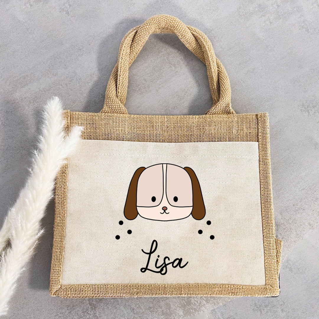 Personalisierte Jute Pocket Tasche | mit Wunschnamen | Tiere | Hund | persönliches Geschenk für Kinder | auch als Geschenktasche