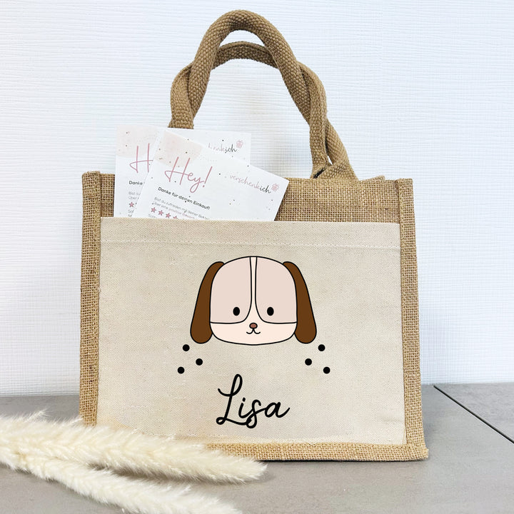 Personalisierte Jute Pocket Tasche | mit Wunschnamen | Tiere | Hund | persönliches Geschenk für Kinder | auch als Geschenktasche