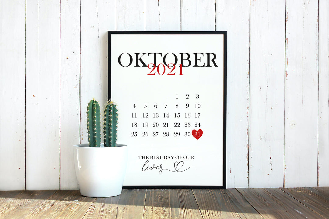 Personalisiertes Wandbild | mit Datum | JAHRESTAG | Kalenderblatt | DIN A4 | mit Rahmen und Echtglas | Poster für Verliebte