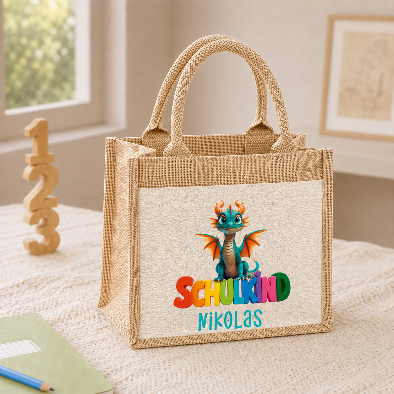 Jute Pocket Tasche mit Namen | Schulkind Drache