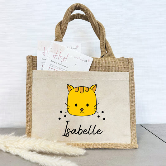 Jute Pocket Tasche mit Namen | Katze
