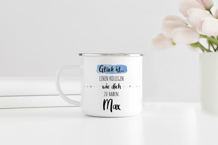 Kollege | Emaille Kaffeebecher personalisiert | Glück ist einen wie dich zu haben | Tasse mit Name | Geschenk | Rand silber oder schwarz