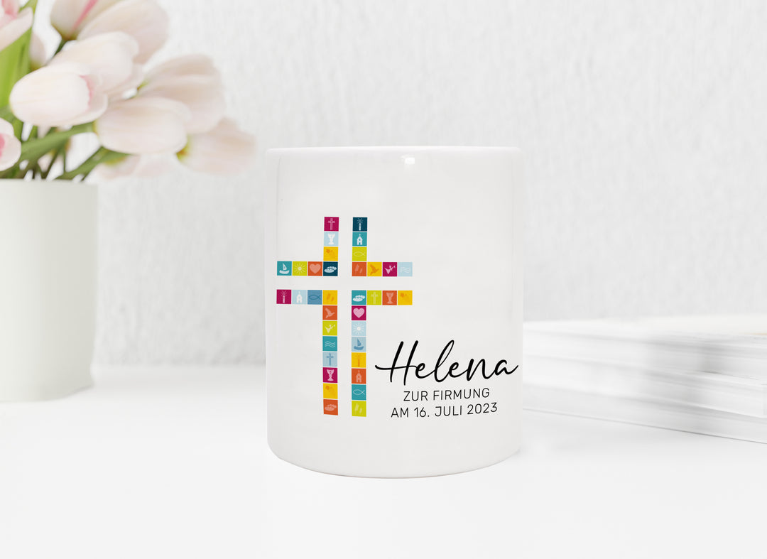 Personalisierte Spardose aus Keramik | mit Wunschnamen und Datum | Taufe Kreuz | bunt | Geschenkidee für ein Geldgeschenk