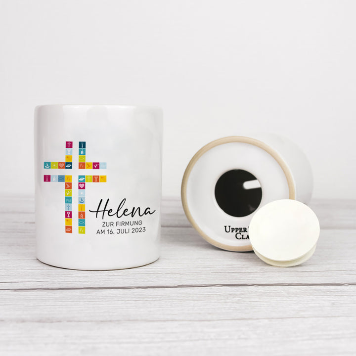 Personalisierte Spardose aus Keramik | mit Wunschnamen und Datum | Taufe Kreuz | bunt | Geschenkidee für ein Geldgeschenk