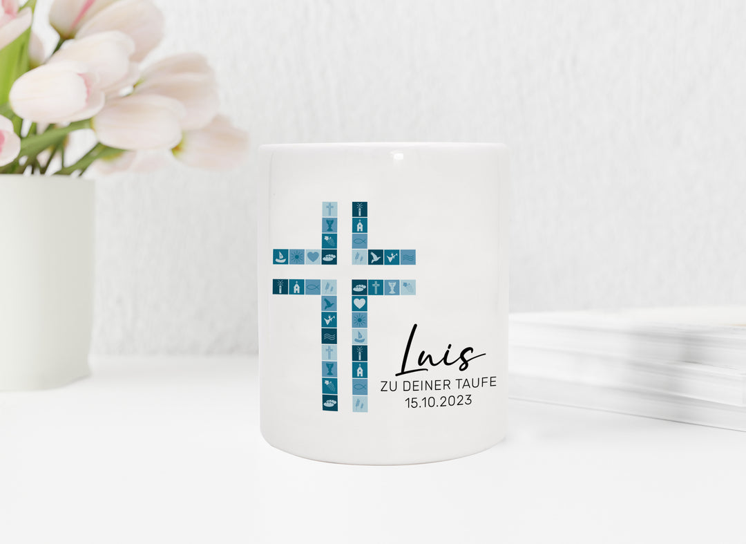 Personalisierte Spardose aus Keramik | mit Wunschnamen und Datum | Taufe Kreuz | blau | Geschenkidee für ein Geldgeschenk