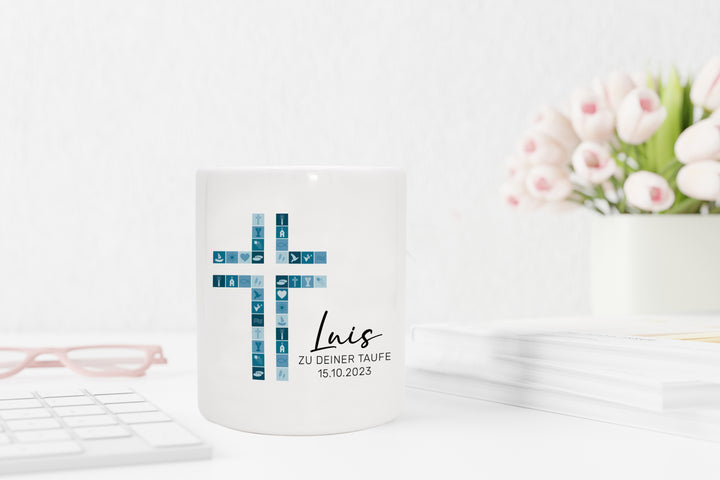 Personalisierte Spardose aus Keramik | mit Wunschnamen und Datum | Taufe Kreuz | blau | Geschenkidee für ein Geldgeschenk