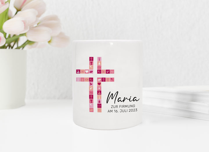 Personalisierte Spardose aus Keramik | mit Wunschnamen und Datum | Taufe Kreuz | rosa | Geschenkidee für ein Geldgeschenk