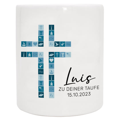 Keramik Spardose mit Name, Datum + Anlass | Kreuz blau