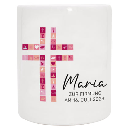 Keramik Spardose mit Name, Datum + Anlass | Kreuz rosa