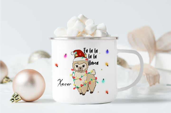 Personalisierter Emaillebecher | Emaille Tasse | Rand silber oder schwarz | mit Wunschnamen | Lama Lichterkette | Geschenk für Weihnachten