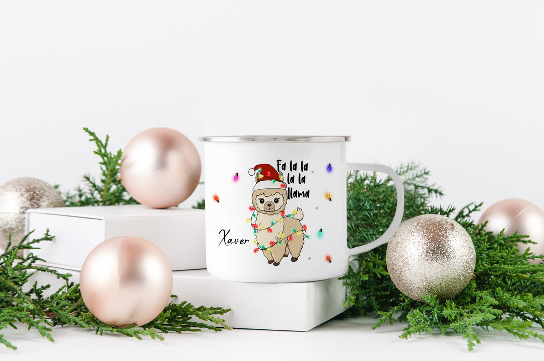 Personalisierter Emaillebecher | Emaille Tasse | Rand silber oder schwarz | mit Wunschnamen | Lama Lichterkette | Geschenk für Weihnachten