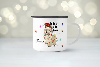 Emaille Tasse mit Name | Lama Lichterkette