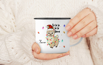 Emaille Tasse mit Name | Lama Lichterkette