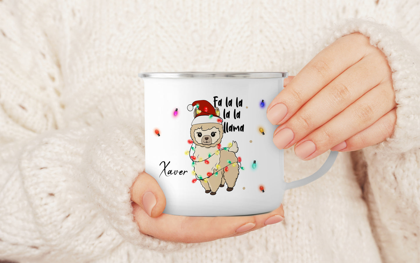 Emaille Tasse mit Name | Lama Lichterkette