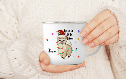 Emaille Tasse mit Name | Lama Lichterkette