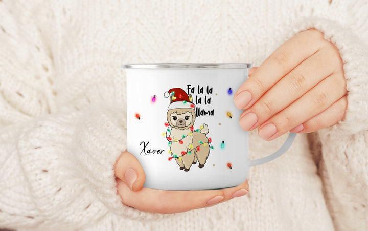 Personalisierter Emaillebecher | Emaille Tasse | Rand silber oder schwarz | mit Wunschnamen | Lama Lichterkette | Geschenk für Weihnachten