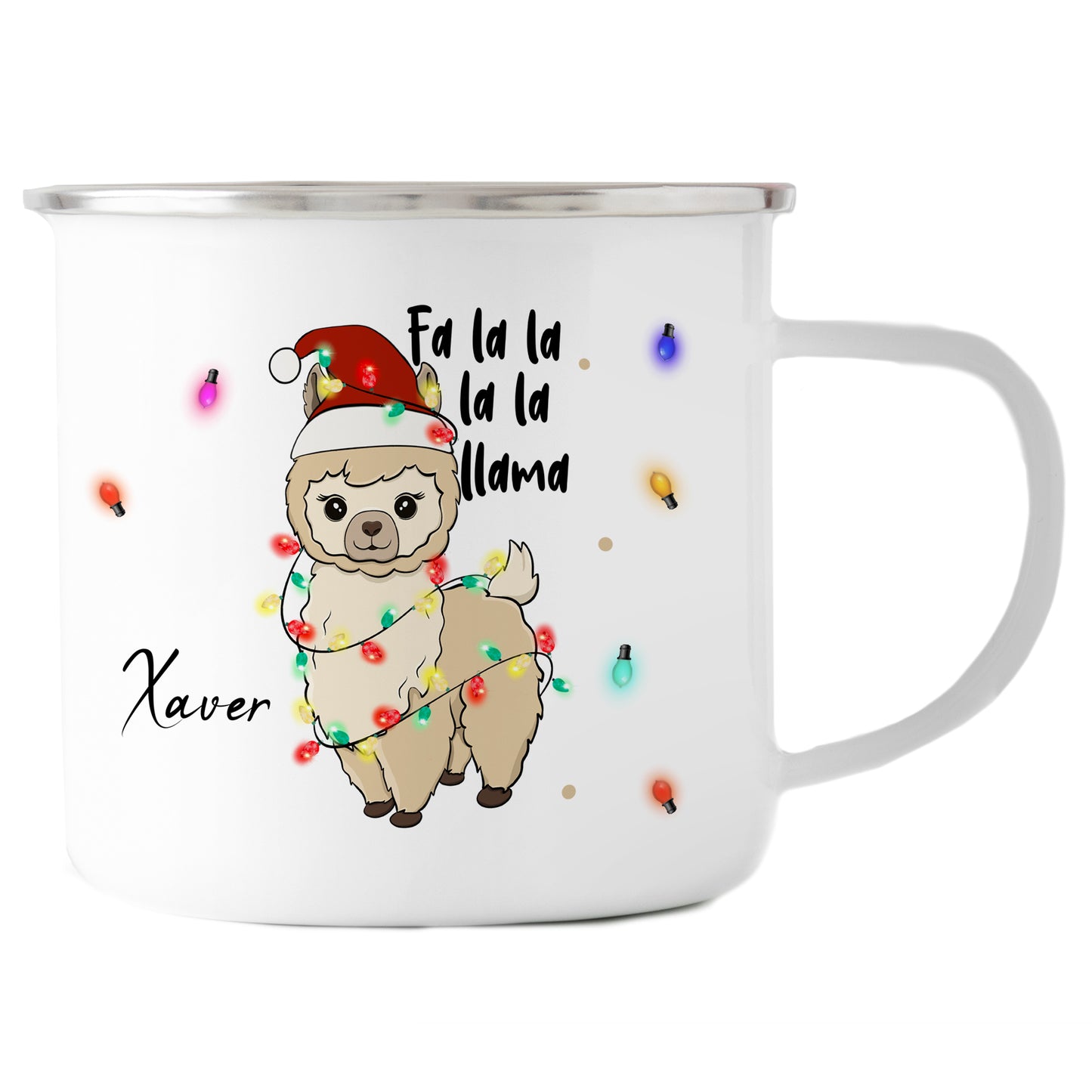 Emaille Tasse mit Name | Lama Lichterkette
