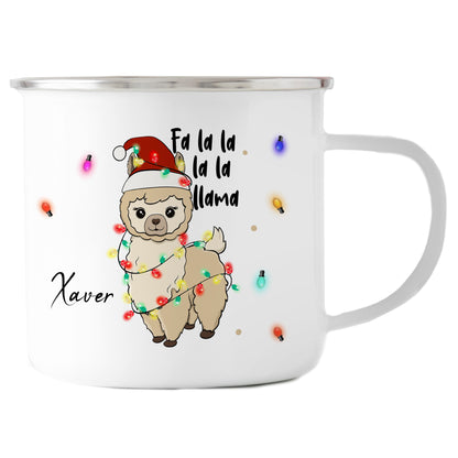 Emaille Tasse mit Name | Lama Lichterkette