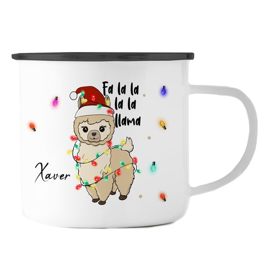 Emaille Tasse mit Name | Lama Lichterkette