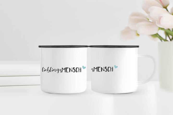 Emaillebecher | Emaille Tasse mit schwarzem Rand | Lieblingsmensch | blaues Herz | Geschenk für einen besonderen Mensch