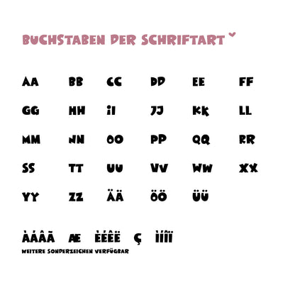 Darstellung der Schriftart für die Namenspersonalisierung mit allen Buchstaben, Umlauten und Sonderzeichen auf weißem Hintergrund