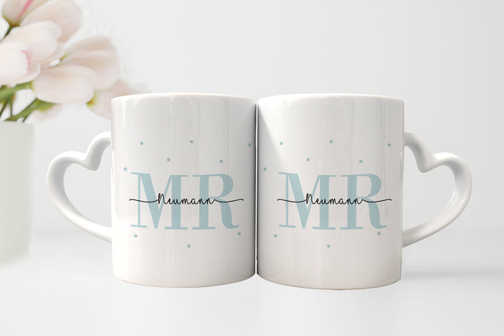 Personalisiertes Tassen Set | Herzhenkel | mit Wunschnamen und Datum | Mr + Mr | liebevolles Geschenk mit Herz für Hochzeit der Eheleute