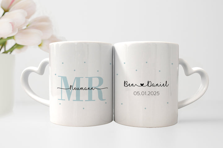 Personalisiertes Tassen Set | Herzhenkel | mit Wunschnamen und Datum | Mr + Mr | liebevolles Geschenk mit Herz für Hochzeit der Eheleute