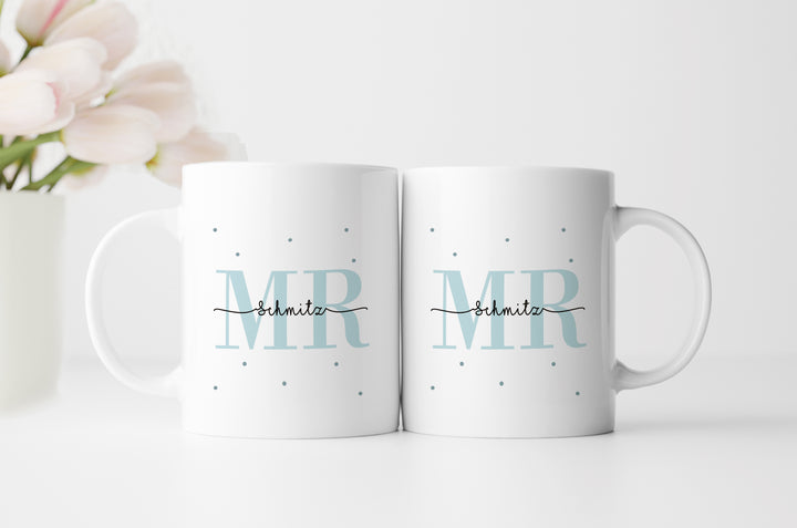 Personalisiertes Tassen Set | Mr + Mr | mit Wunschnamen und Datum | Geschenk für Hochzeit, Heirat, Verlobung und Jahrestag der Eheleute