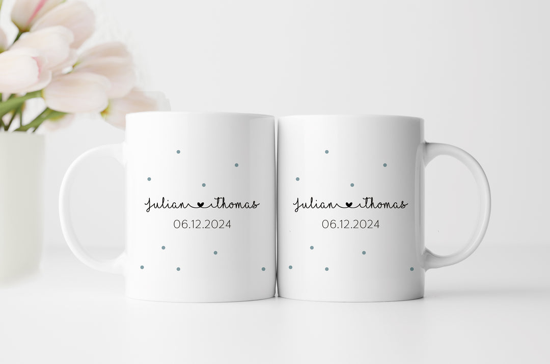 Personalisiertes Tassen Set | Mr + Mr | mit Wunschnamen und Datum | Geschenk für Hochzeit, Heirat, Verlobung und Jahrestag der Eheleute