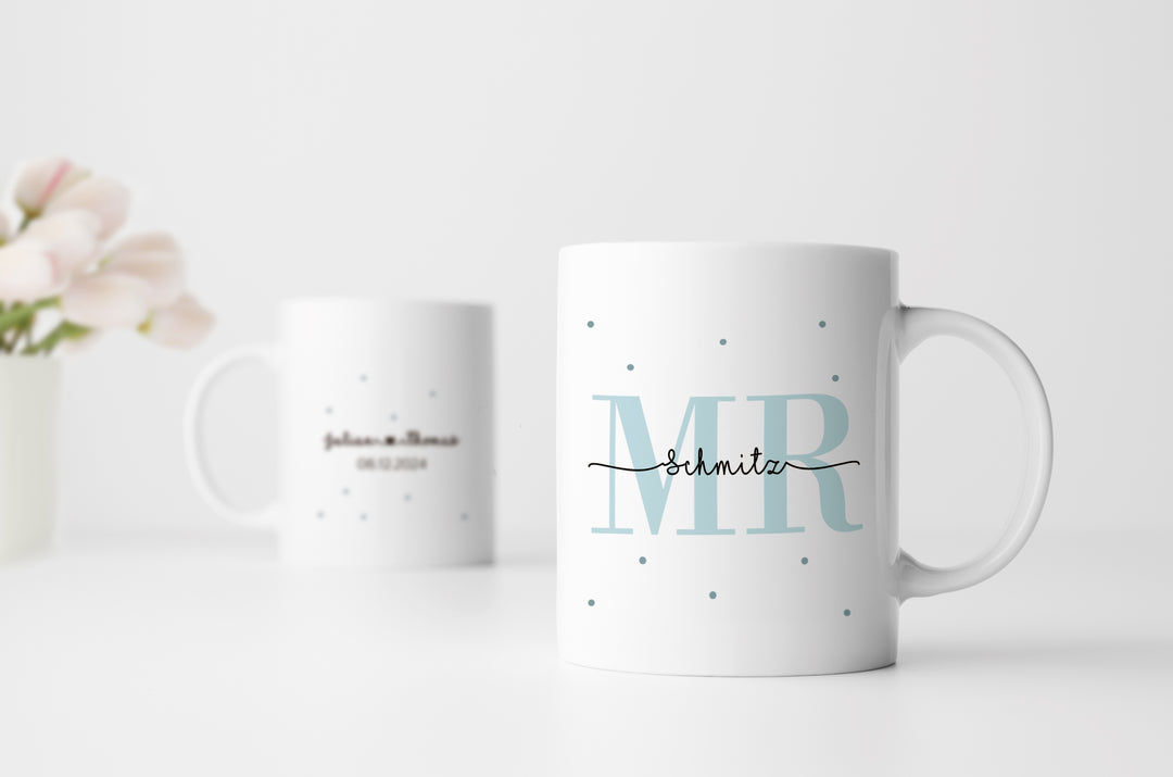 Personalisiertes Tassen Set | Mr + Mr | mit Wunschnamen und Datum | Geschenk für Hochzeit, Heirat, Verlobung und Jahrestag der Eheleute