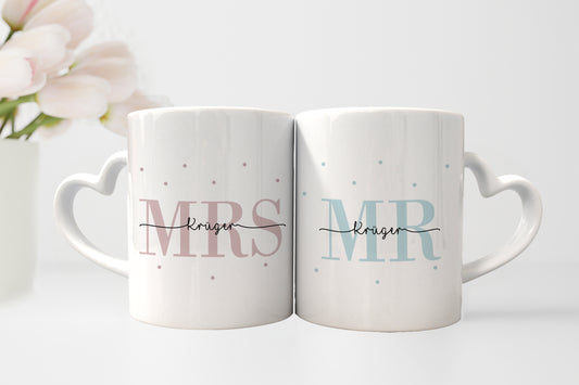 Keramik Herzhenkel Tassen-Set mit Namen + Datum | Mrs + Mr
