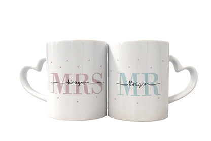 Keramik Herzhenkel Tassen-Set mit Namen + Datum | Mrs + Mr