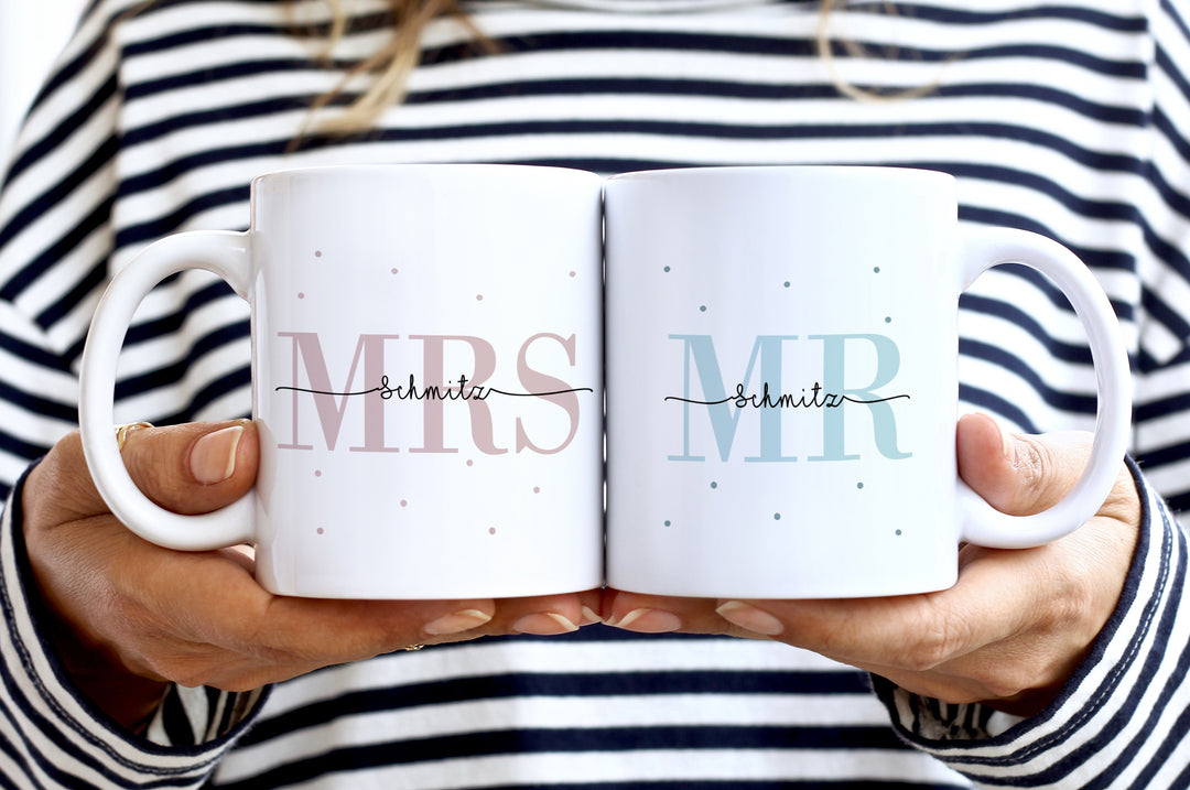 Personalisiertes Tassen Set | Mrs + Mr | mit Wunschnamen und Datum | Geschenk für Hochzeit, Heirat, Verlobung und Jahrestag der Eheleute