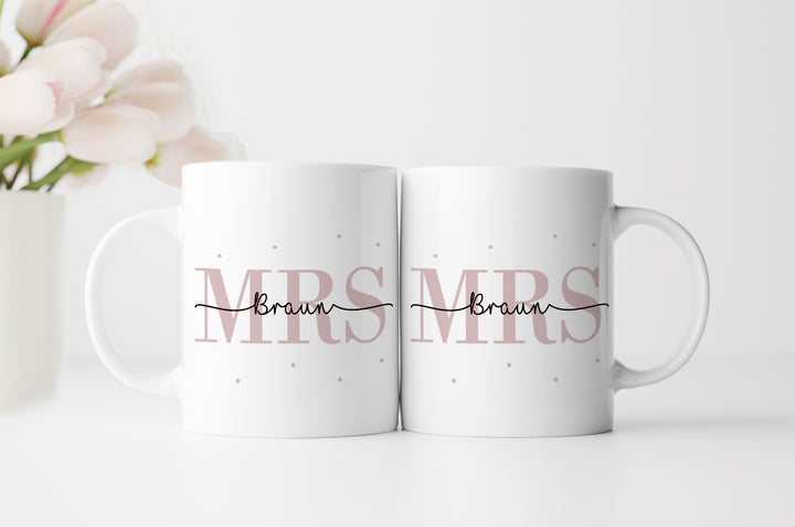 Personalisiertes Tassen Set | Mrs + Mrs | mit Wunschnamen und Datum | Geschenk für Hochzeit, Heirat, Verlobung und Jahrestag der Eheleute