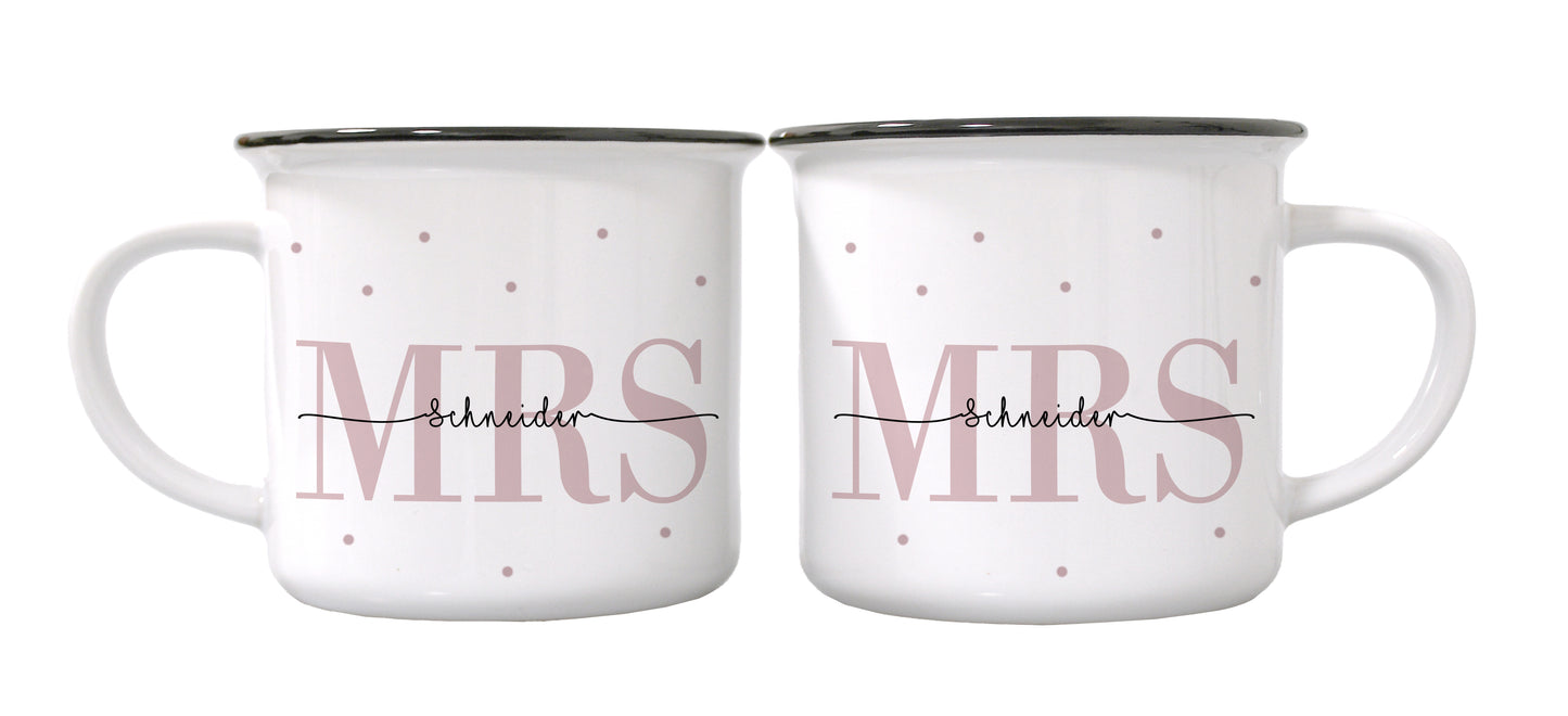 Keramik Emaille-Optik Tassen-Set mit Namen + Datum | Mrs + Mrs
