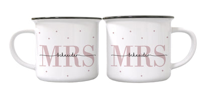 Keramik Emaille-Optik Tassen-Set mit Namen + Datum | Mrs + Mrs