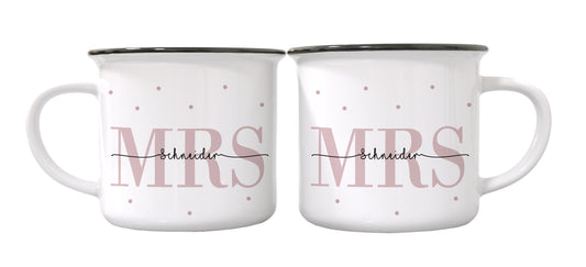 Keramik Emaille-Optik Tassen-Set mit Namen + Datum | Mrs + Mrs