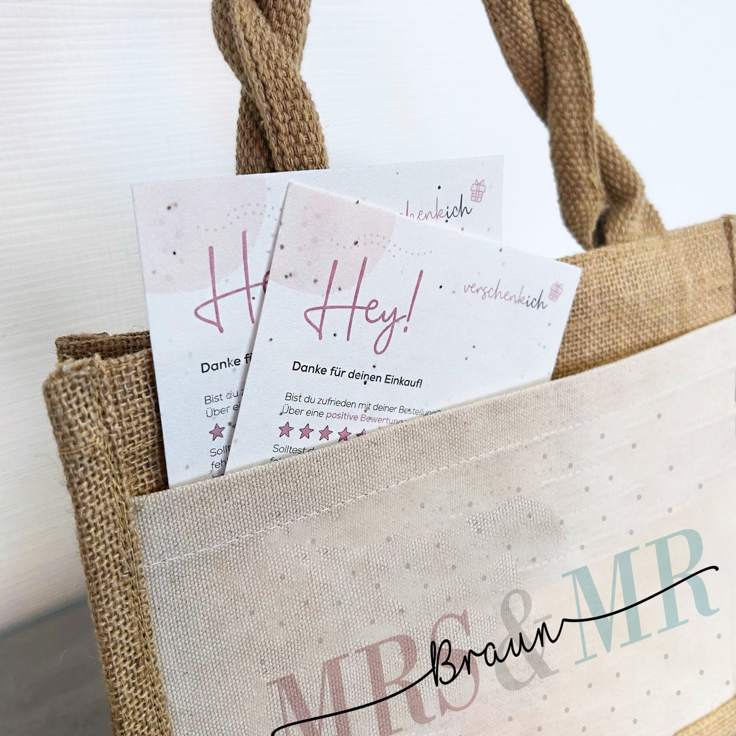 Personalisierte Geschenktasche | Mrs + Mr | mit Name | Jute Pocket Tasche | Hochzeit | besondere Geschenkverpackung zur Vermählung