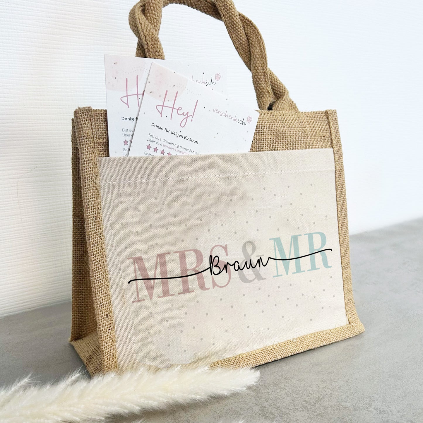 Personalisierte Geschenktasche | Mrs + Mr | mit Name | Jute Pocket Tasche | Hochzeit | besondere Geschenkverpackung zur Vermählung