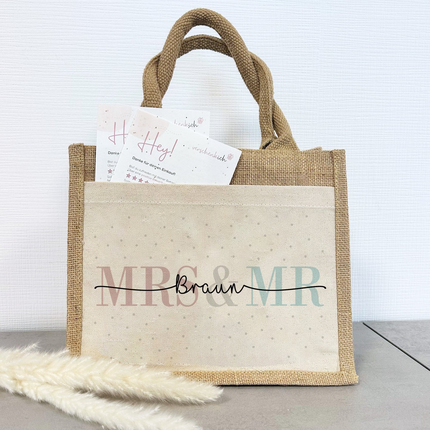 Personalisierte Geschenktasche | Mrs + Mr | mit Name | Jute Pocket Tasche | Hochzeit | besondere Geschenkverpackung zur Vermählung